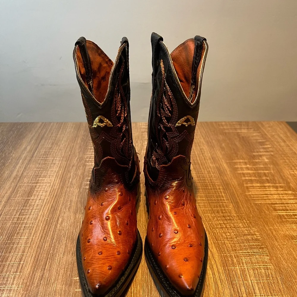 Admirable Ostrich Print Leather Kids‎ Black Brown Cowboy Boots US 13 MEX 20